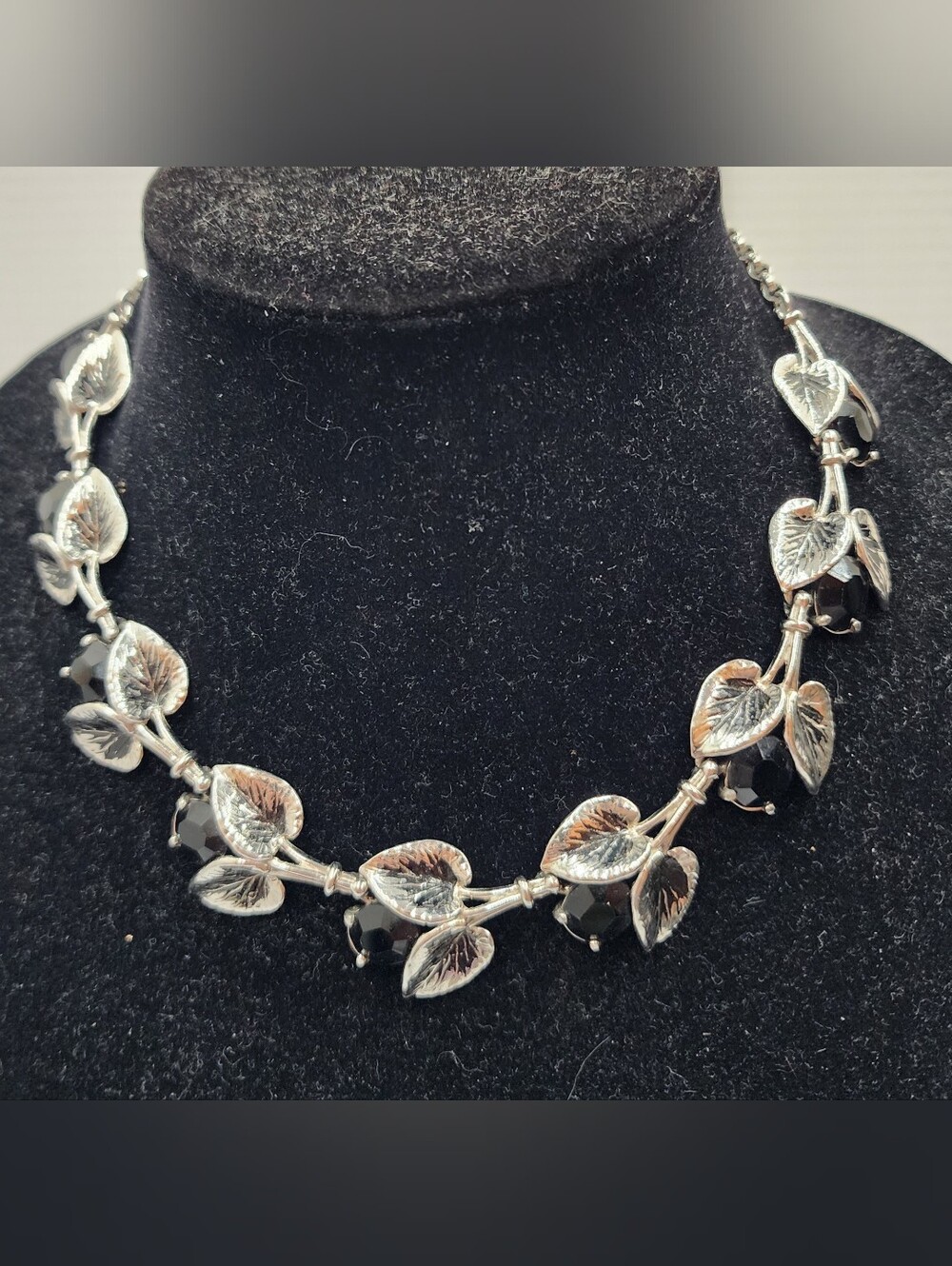 Schiaparelli Vintage Necklace Black Glass Silver Leaves Statement 16"